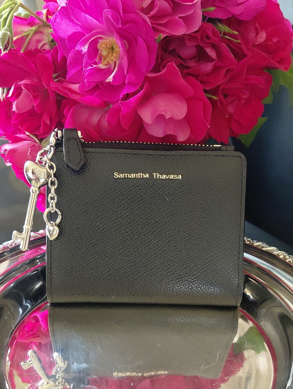 Samantha Thavasa Black Leather Zip Card Wallet with Key Charm